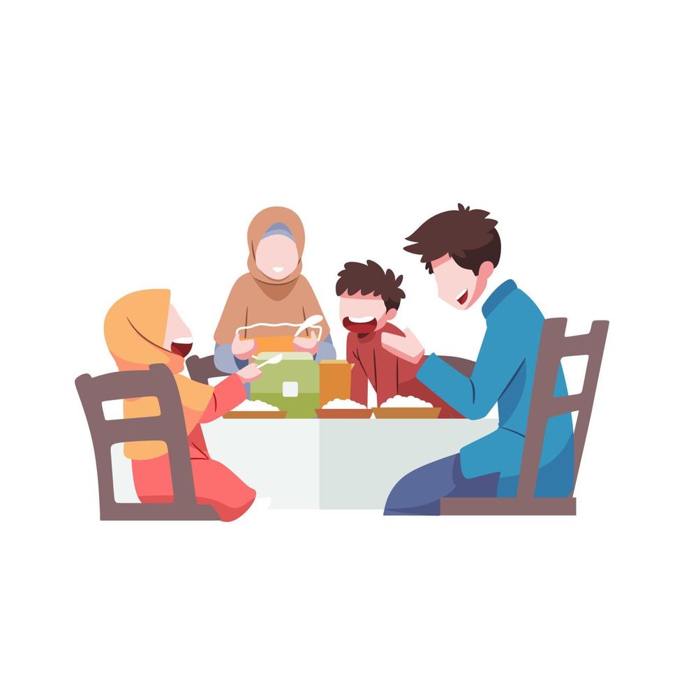 un familia teniendo un comida juntos durante eid Alabama fitr vector