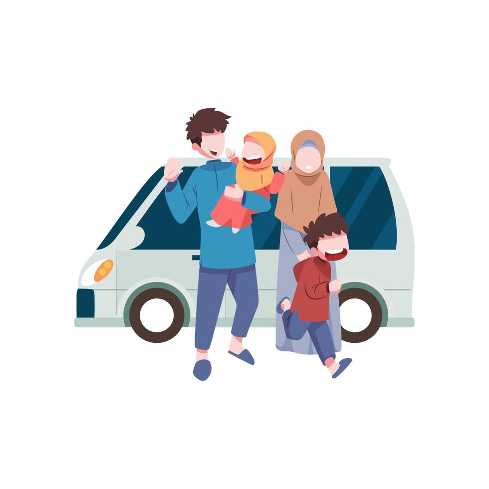 A family with a van during sid al fitr vector