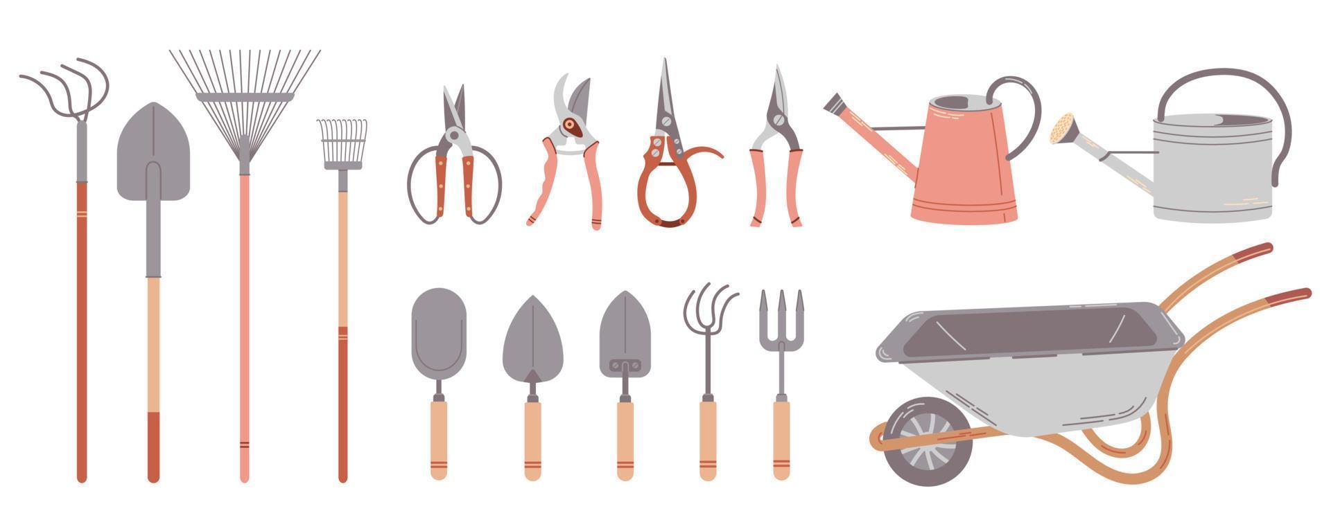 Big set of garden tools and items. Hand drawn illustrations isolated on white background. vector