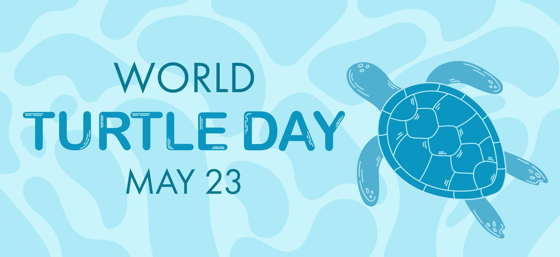 Banner for World Turtle Day. Turtle on blue water abstract background with waves. Hand drawn flat illustration. vector