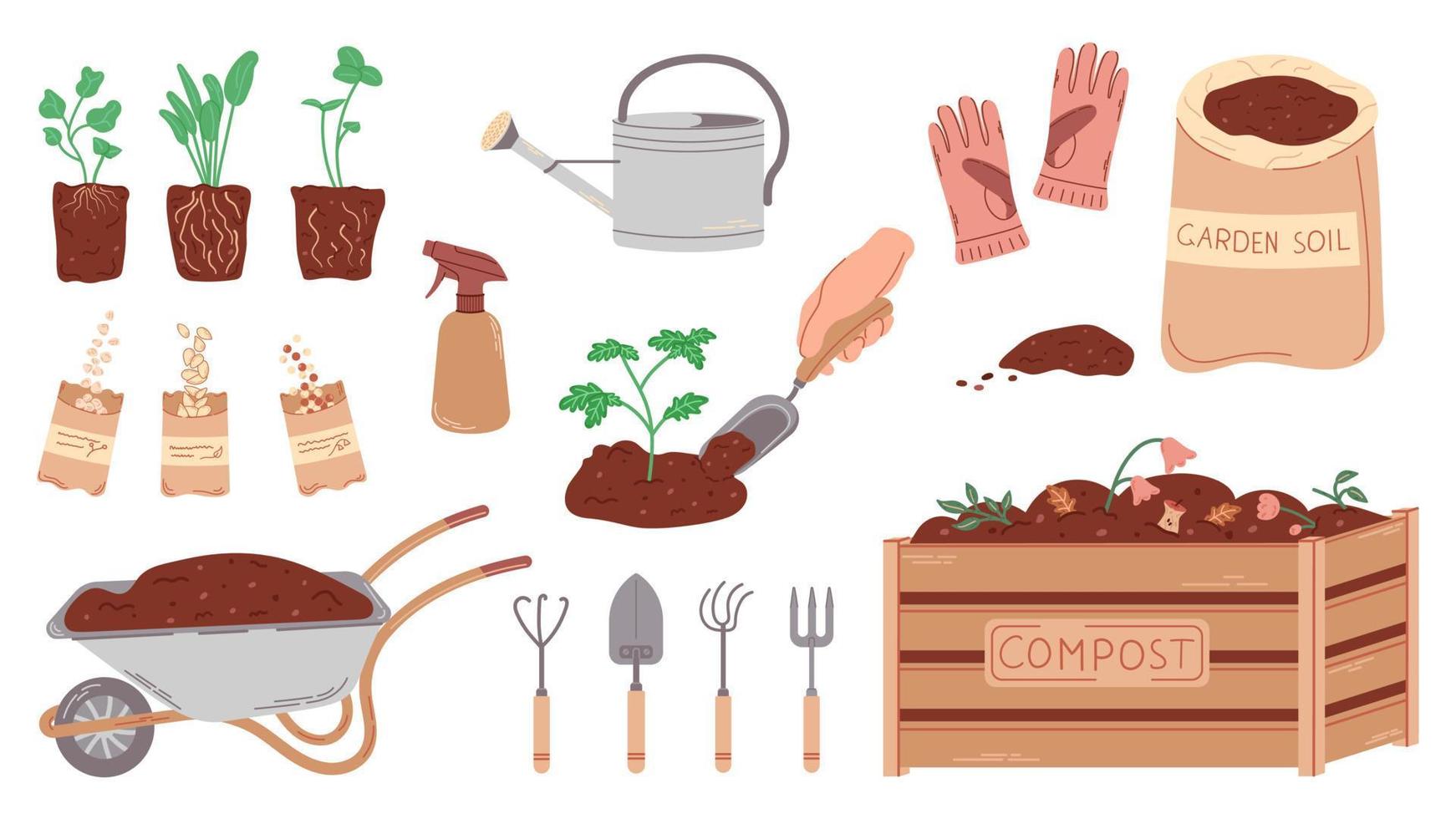 Hand drawn illustration of  gardening set isolated on white background. Tools and other objects staff for ecological gardening and planting. vector