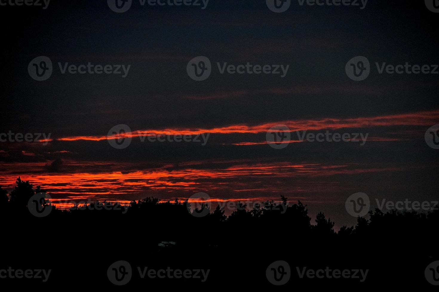 vistoso puesta de sol con rojo cielo y arboles y nubes foto