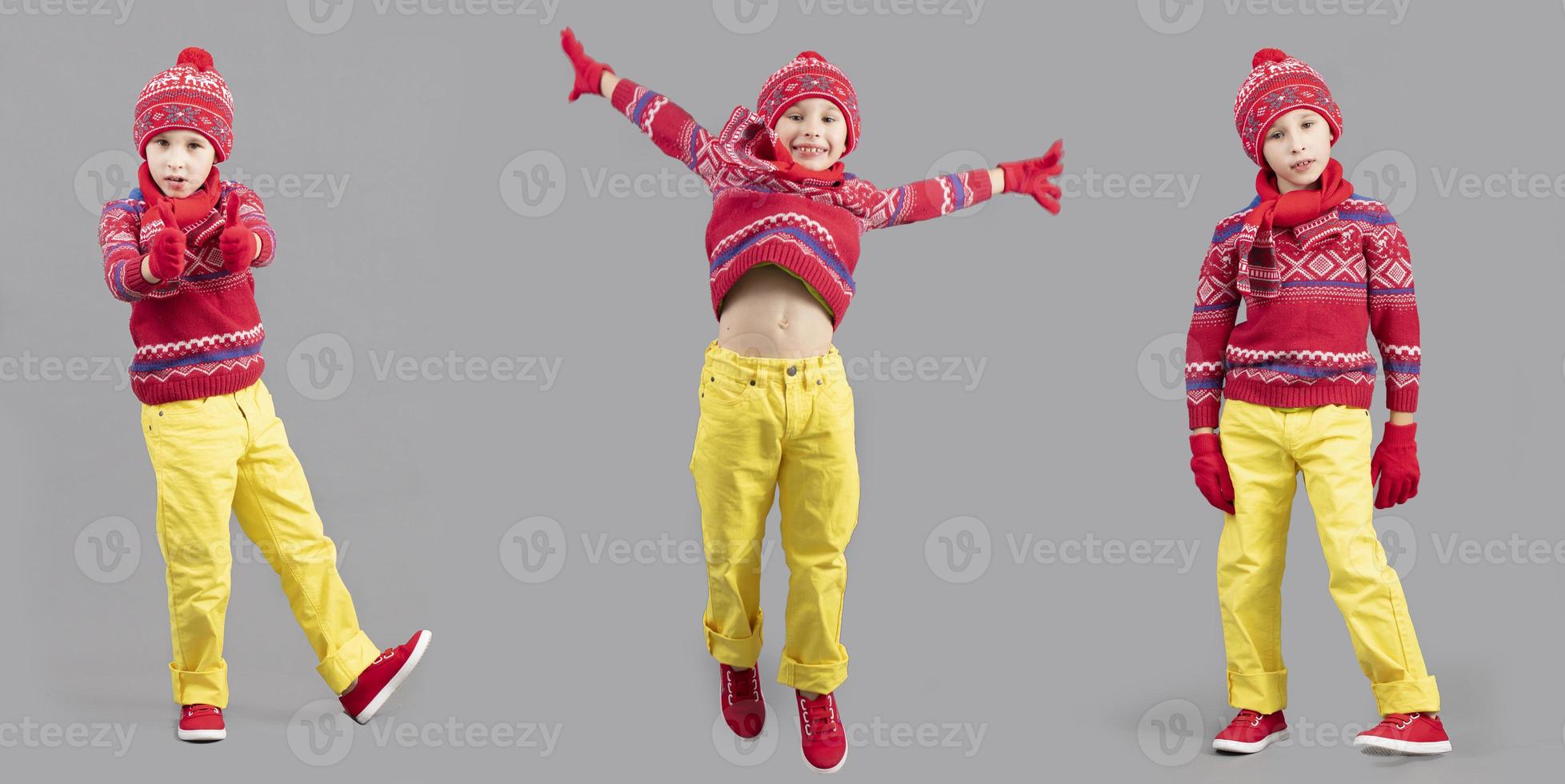 Collage child in warm clothes. Three boys in a red hat and sweater and sneakers. Fashionable boy in the studio. photo