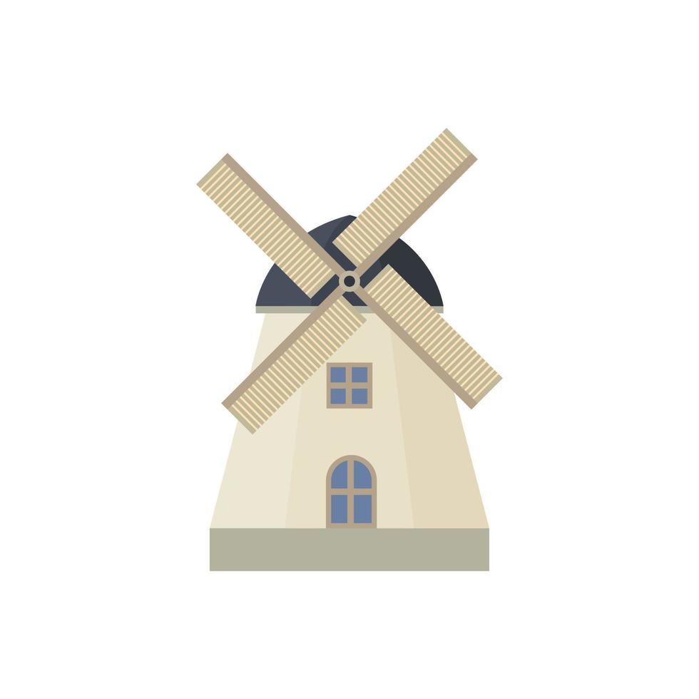 Traditional dutch windmill flat design vector illustration. Traditional dutch farm buildings for grinding wheat grains to flour. countryside architecture isolated on white background