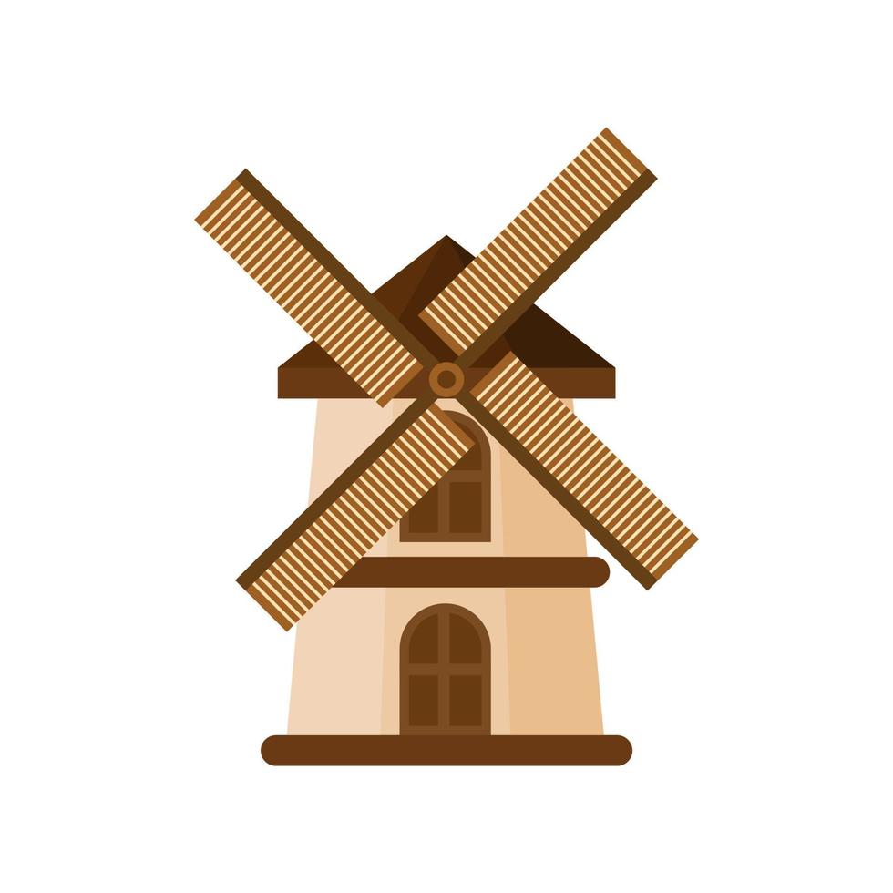 Traditional dutch windmill flat design vector illustration. Traditional dutch farm buildings for grinding wheat grains to flour. countryside architecture isolated on white background