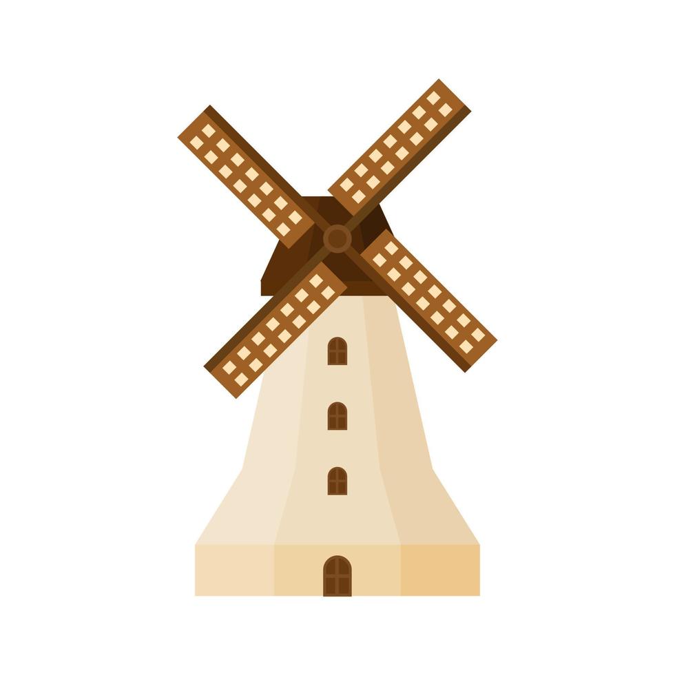 Traditional dutch windmill flat design vector illustration. Traditional dutch farm buildings for grinding wheat grains to flour. countryside architecture isolated on white background