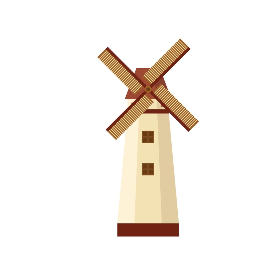 Traditional dutch windmill flat design vector illustration. Traditional dutch farm buildings for grinding wheat grains to flour. countryside architecture isolated on white background