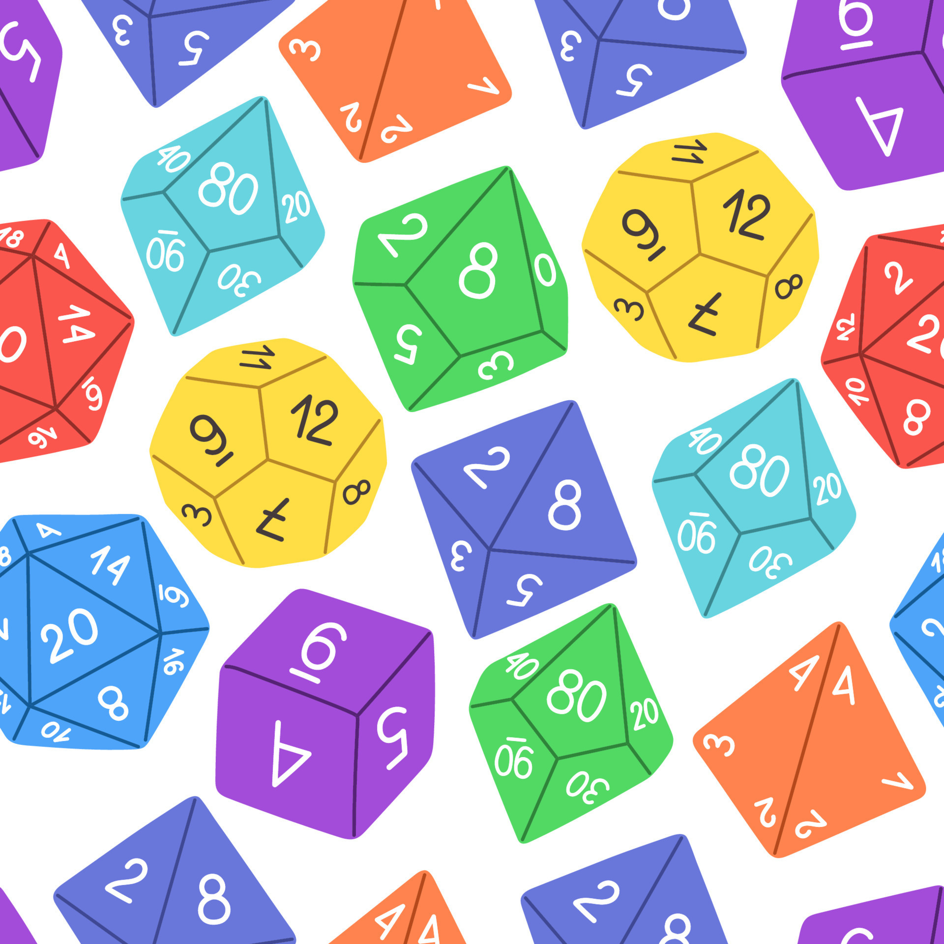 D8 D10 D12 D20 Dice for Board games seamless pattern. RPG dice set for