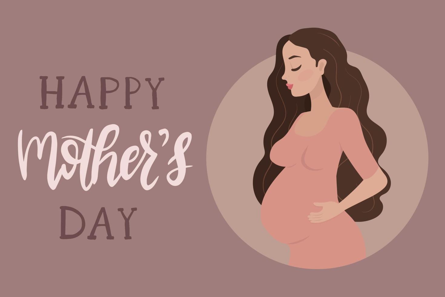 Mother's Day post card with beautiful pregnant woman, cute flat cartoon style vector