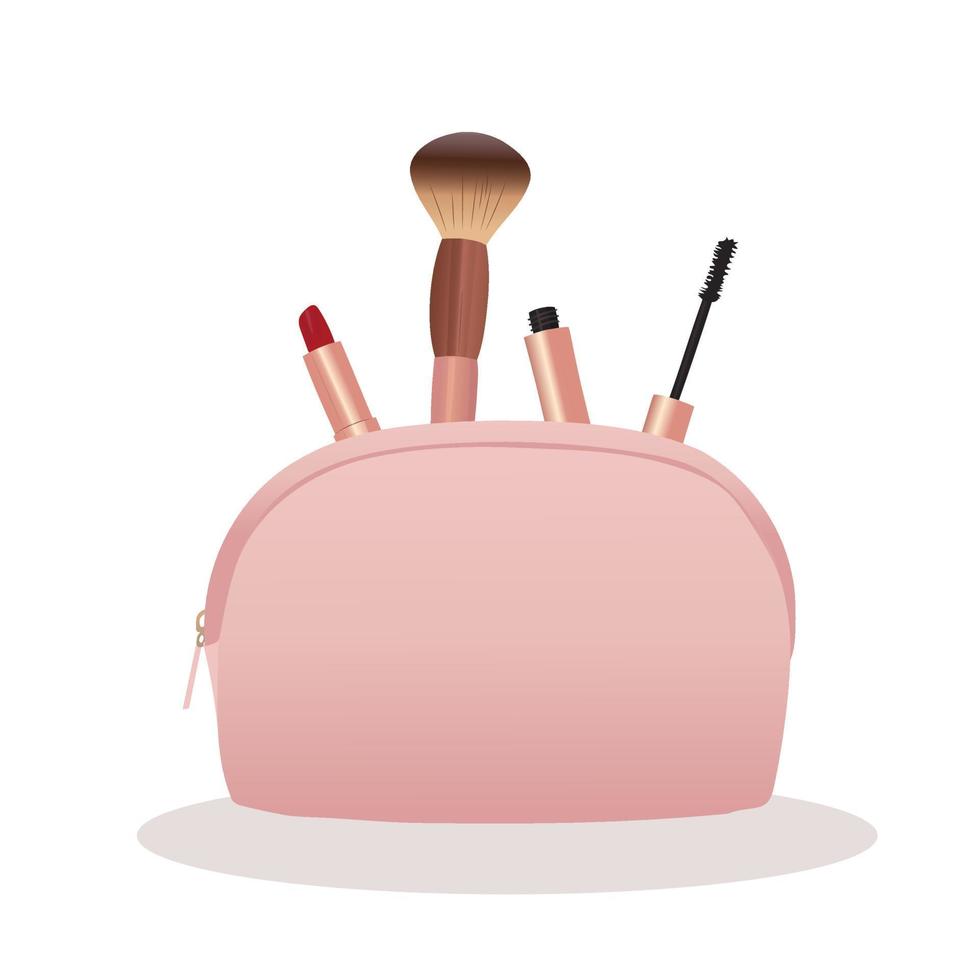 ilustración de un conjunto de productos cosméticos - lápiz labial, se sonroja, máscara, maquillaje cepillar, y rosado cosmético bolso vector