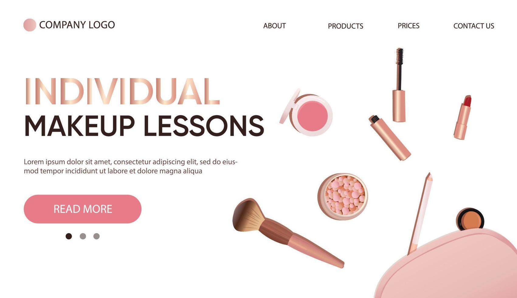 ilustración de un conjunto de productos cosméticos - lápiz labial, se sonroja, máscara, maquillaje cepillar, y rosado cosmético bolsa. web página bandera modelo vector