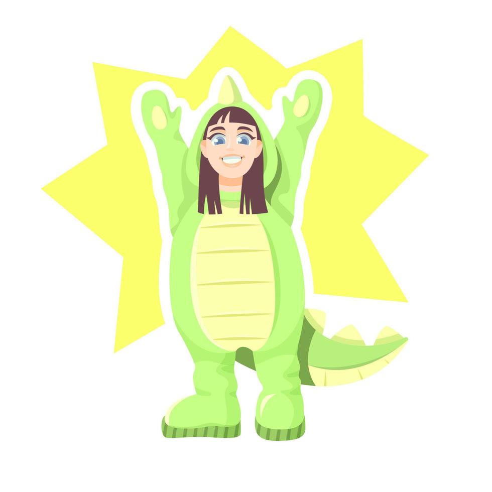 Little girl dressed in jumpsuit in form of dinosaur or dragon. vector