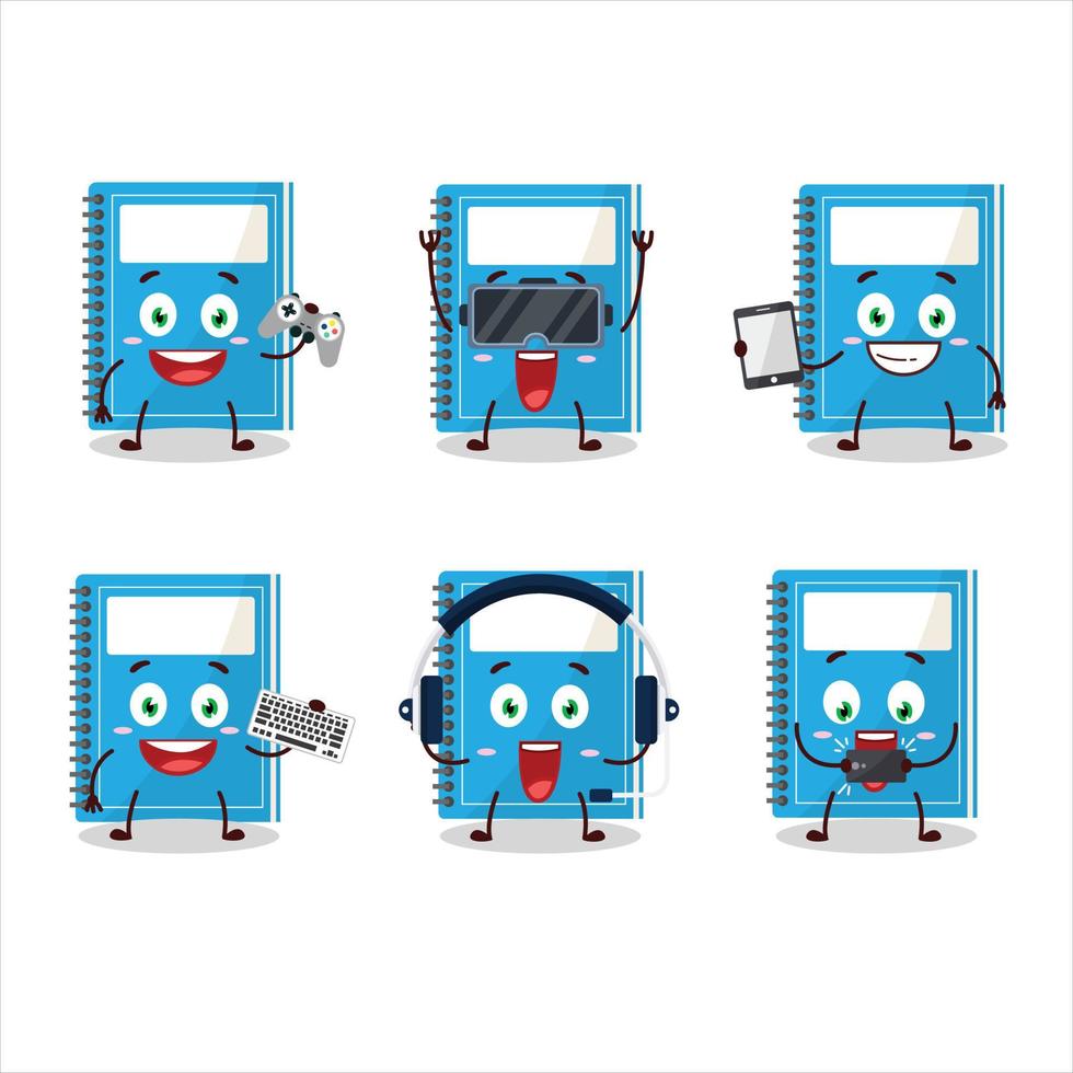 Blue study book cartoon character are playing games with various cute emoticons vector