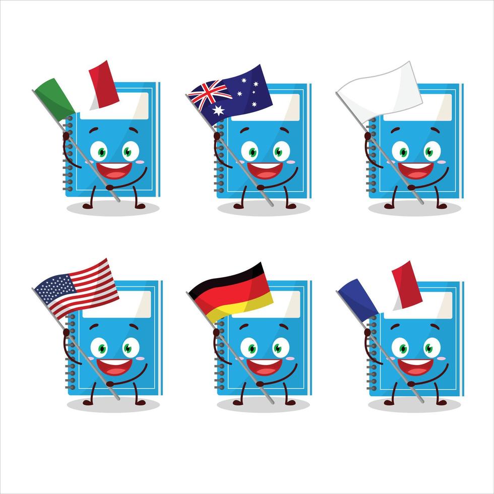 Blue study book cartoon character bring the flags of various countries vector