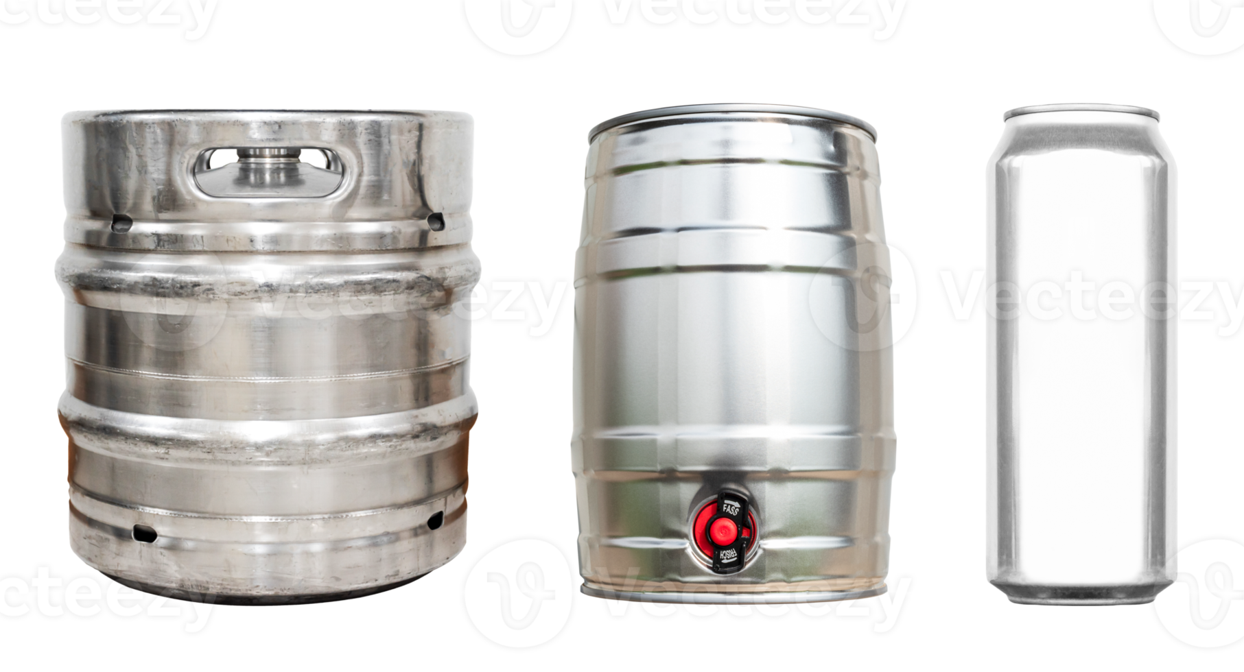 Shiny beer keg large and small size and aluminum slim can png