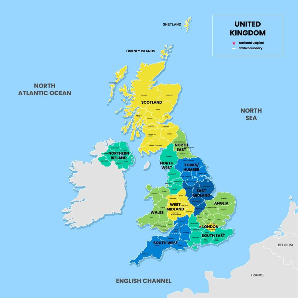 unido Reino mapa con rodeando fronteras vector