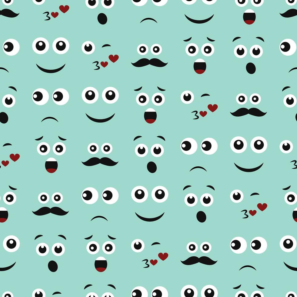 Cartoon faces with emotions. Seamless pattern with different emoticons on blue background. Vector illustration