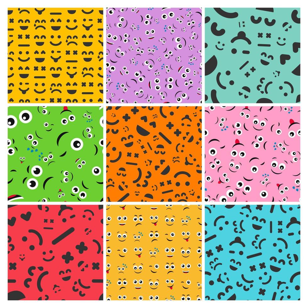 Cartoon faces with emotions. Set of nine seamless patterns with different emoticons. Vector illustration