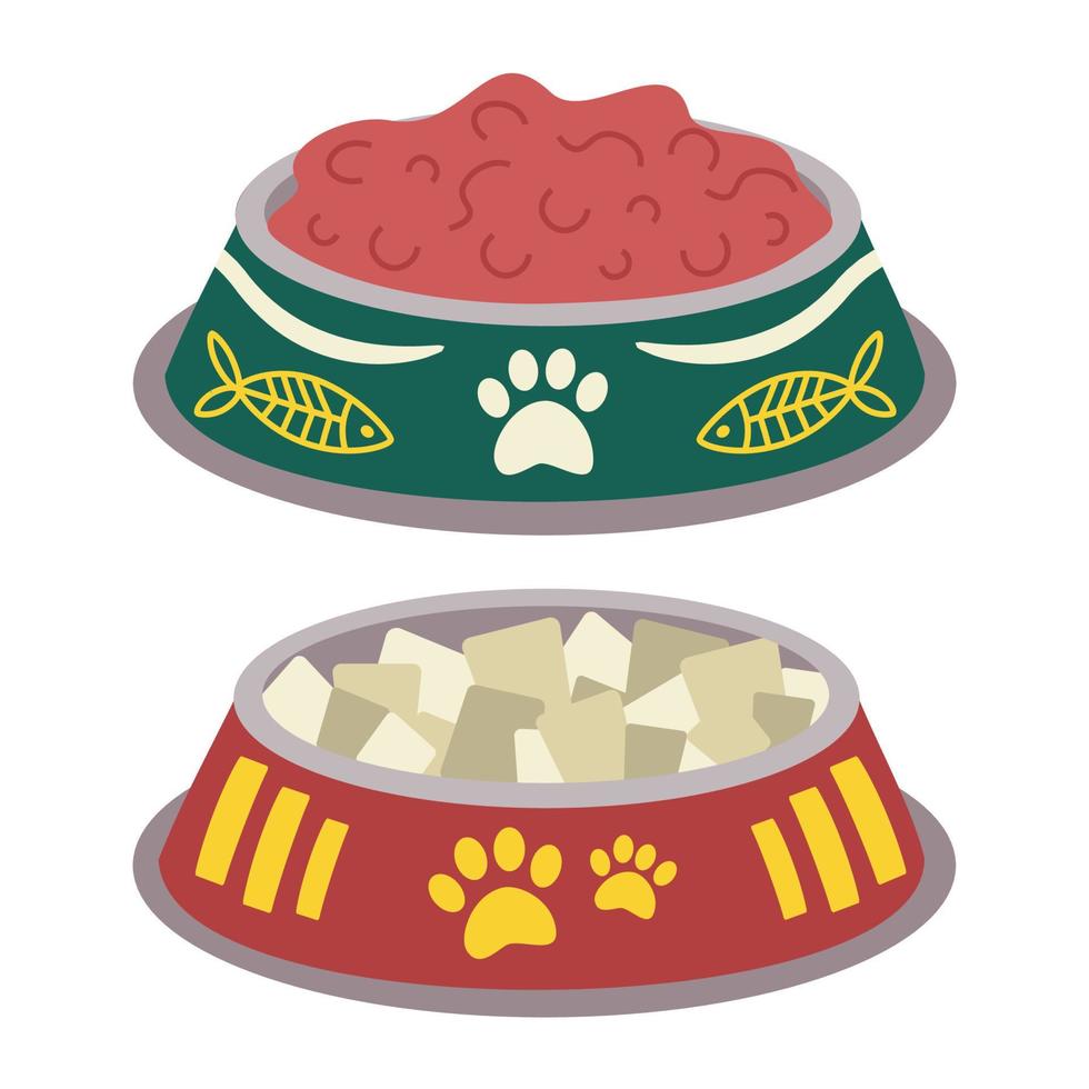 A bowl with food for animals, cats, dogs with a label with paws. vector