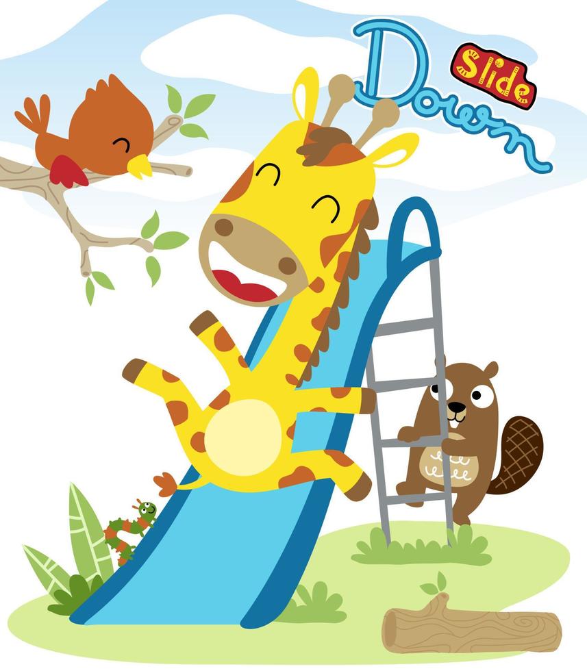 Happy animals cartoon playing sliding vector