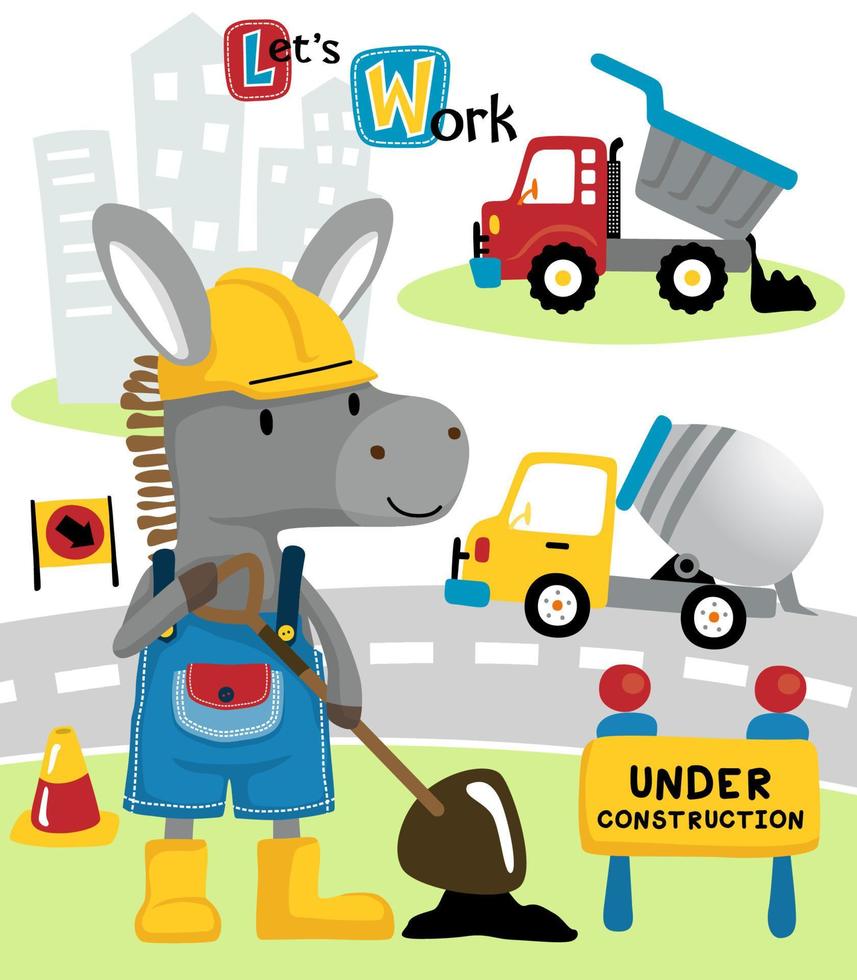 Vector illustration of donkey cartoon in worker costume with construction vehicles, construction elements cartoon