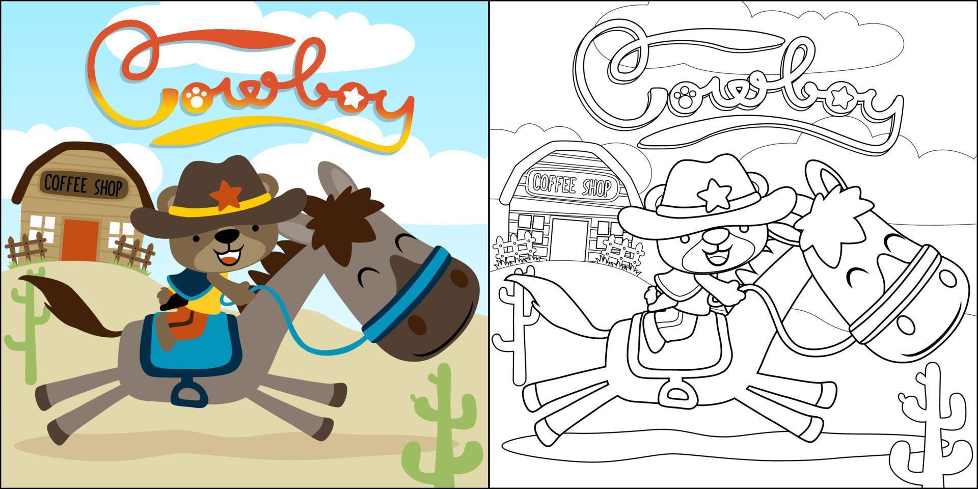 Vector cartoon of cute bear in cowboy costume riding horse, coloring book or page