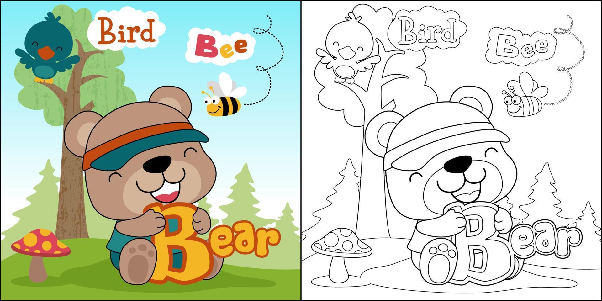 Vector illustration of cute bear hugging letters, bird on tree and bee flying. Coloring book or page