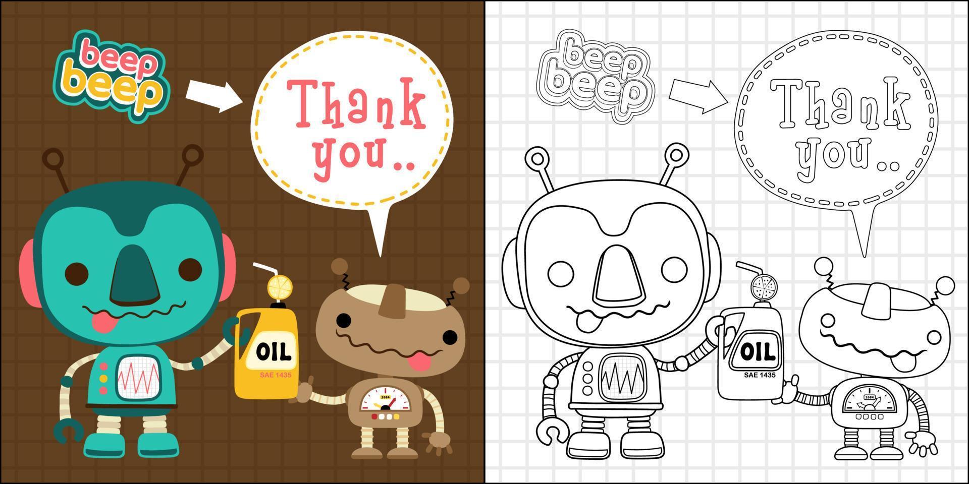 Vector cartoon of funny robots drink oil with orange flavour, coloring book or page