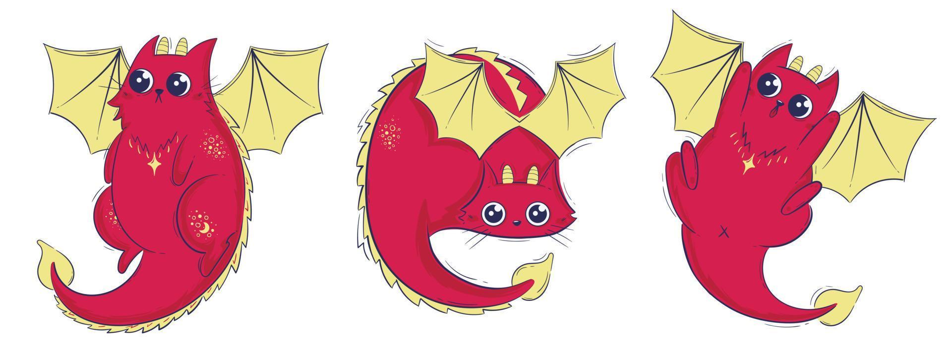 PrintReady Red Dragoncat Collection. Adorable Kitties with Wings and Tails in Various Poses Clipart vector