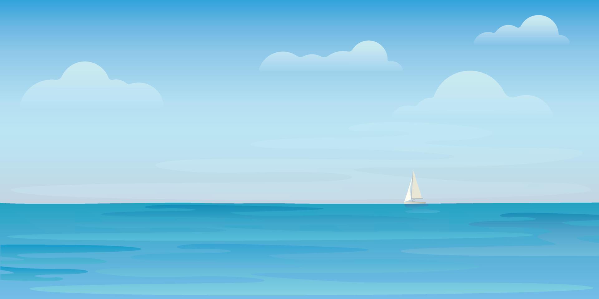 Tropical blue sea with clear sky have yacth and at skyline vector illustration. Seascape and blue sky flat design background.
