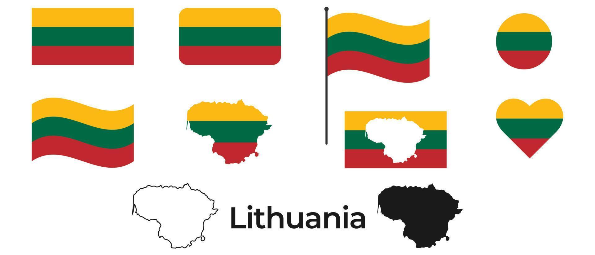 Flag of Lithuania. Silhouette of Lithuania. National symbol. Square, round and heart shape. The symbol of the Lithuania flag. vector