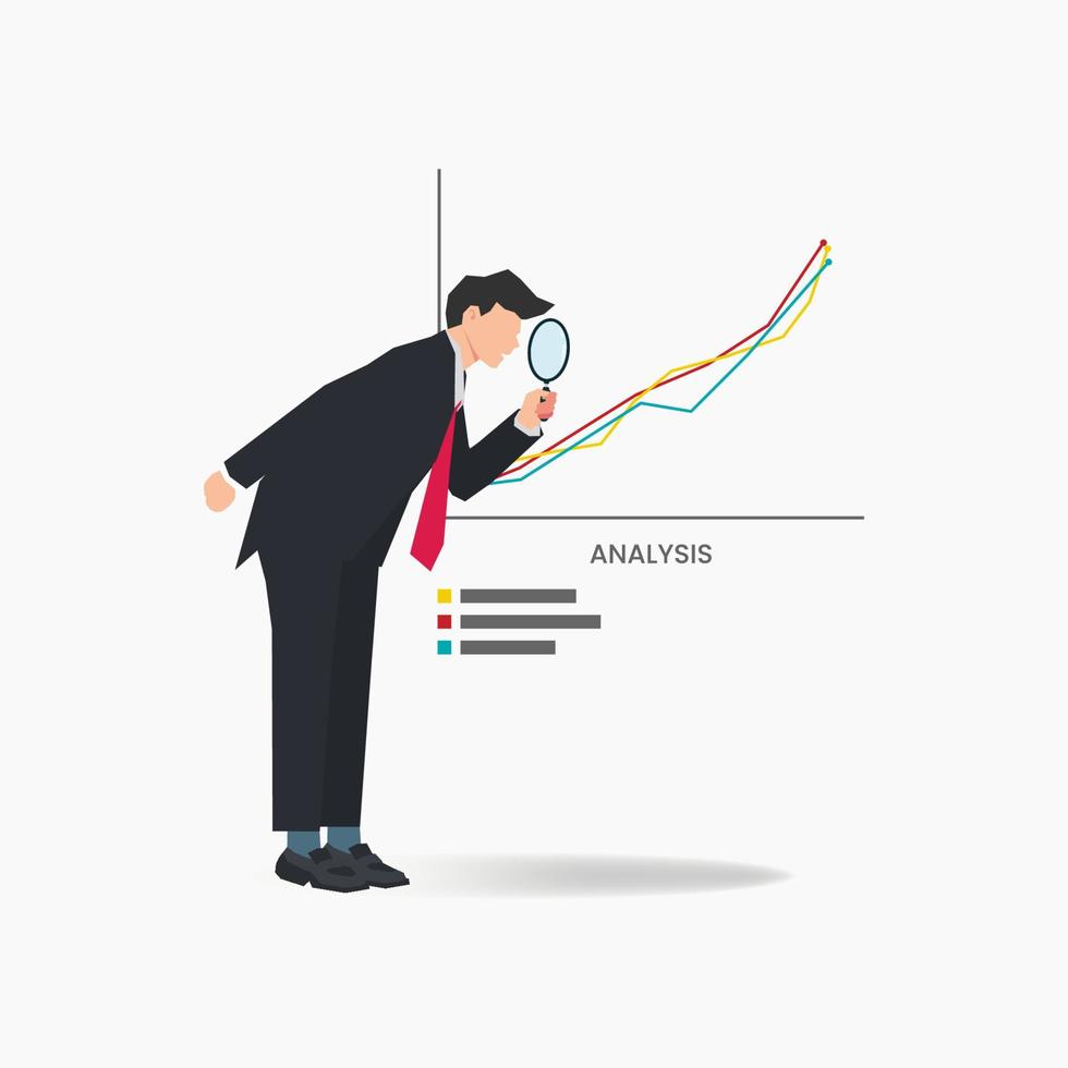 Businessman holding magnifying glass with line chart analysis vector illustration