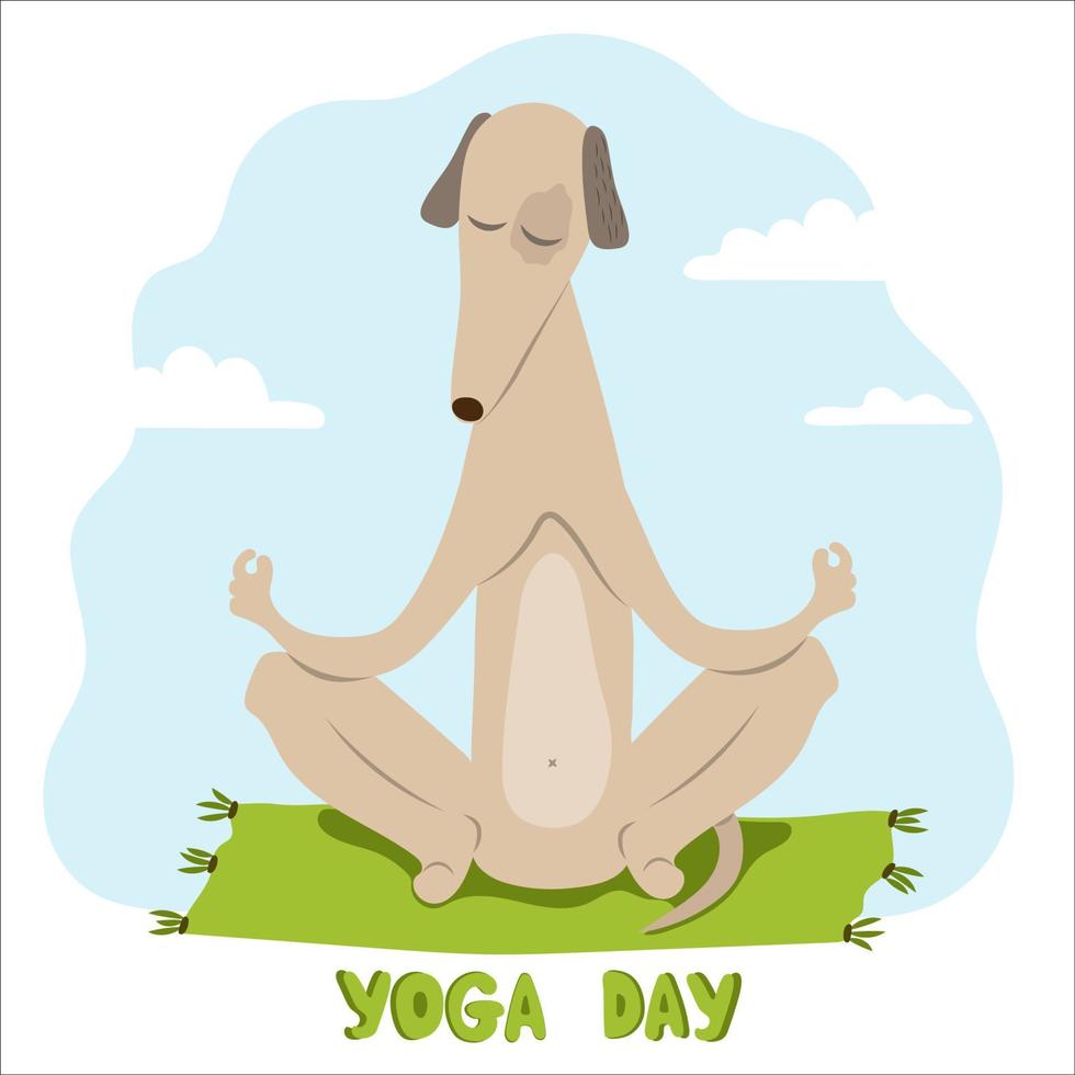 Dog sitting on a mat in the lotus position. Yoga day, meditation vector