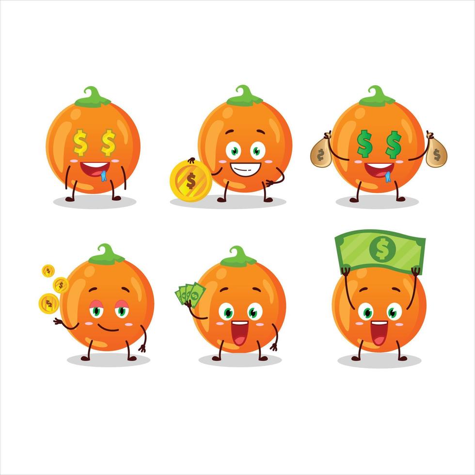 Halloween orange candy cartoon character with cute emoticon bring money vector