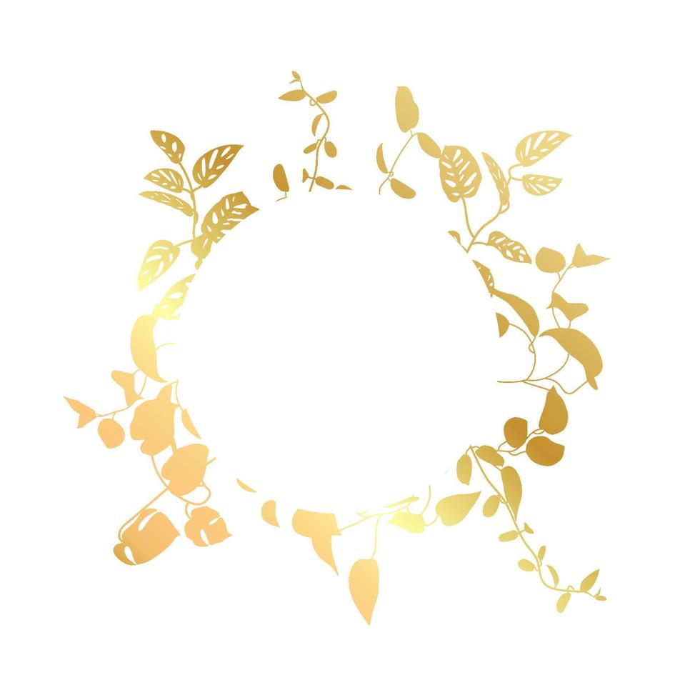 Trendy gold tropical leaves of different lian with white sheet. Card with exotic leaves frame. vector