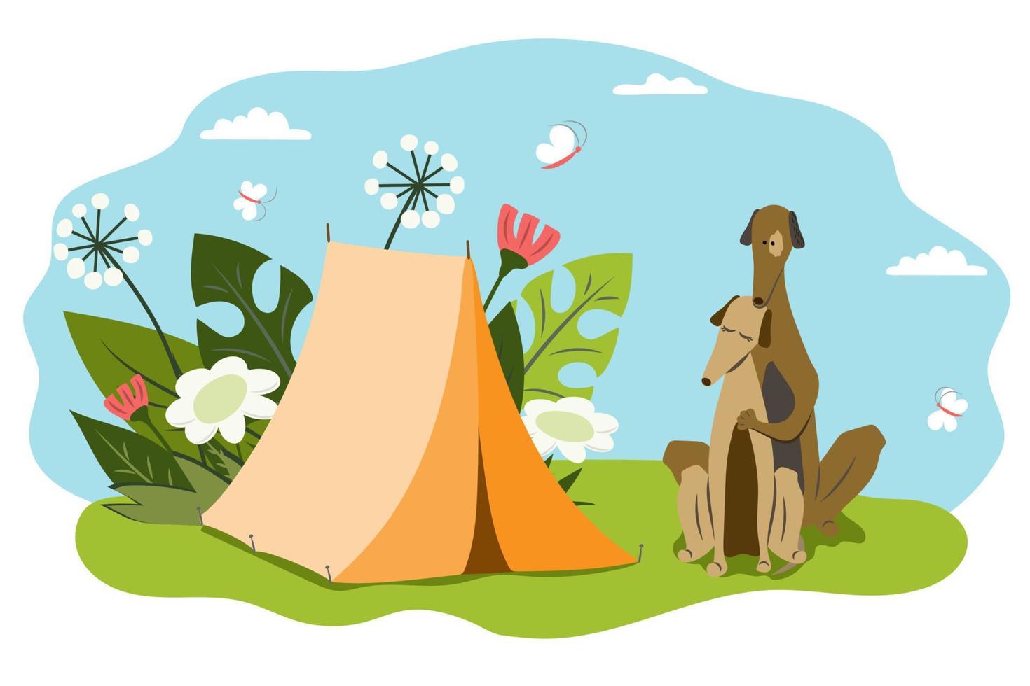 Two greyhound dogs are resting on a picnic with a tent. Summer vacation, camping, date, tourism, couple vector