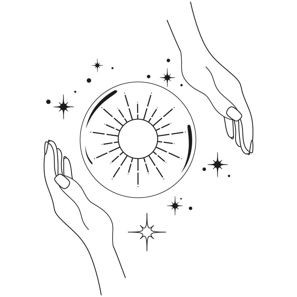 Hands with crystal ball with sun and stars. Spiritual session. Esoteric, magic, predictions vector