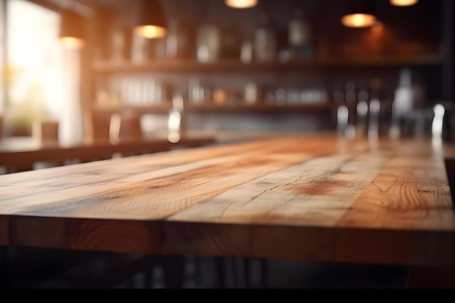 Empty wooden table and blurred background. For product display photo