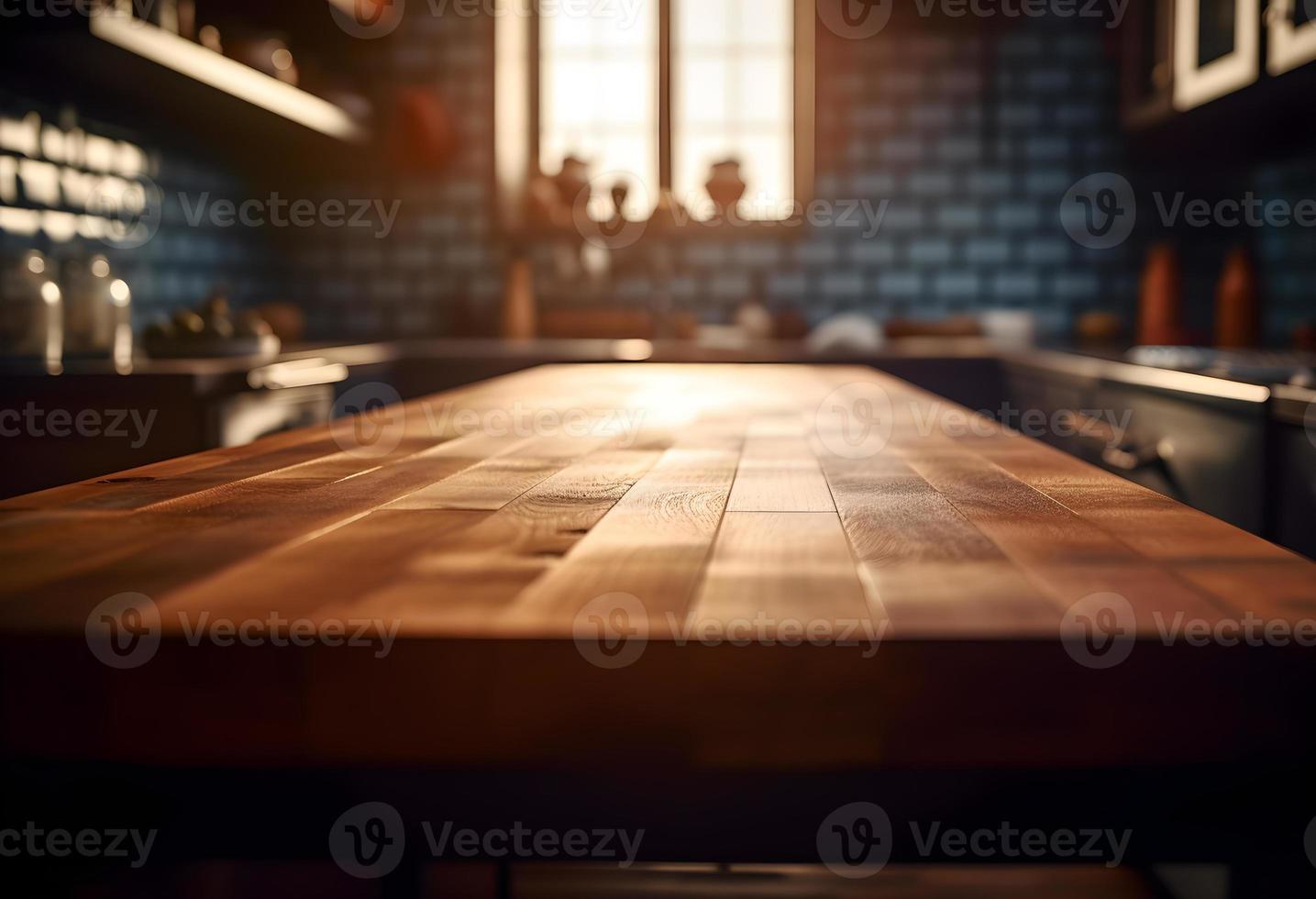 Empty wooden table and blurred background. For product display photo