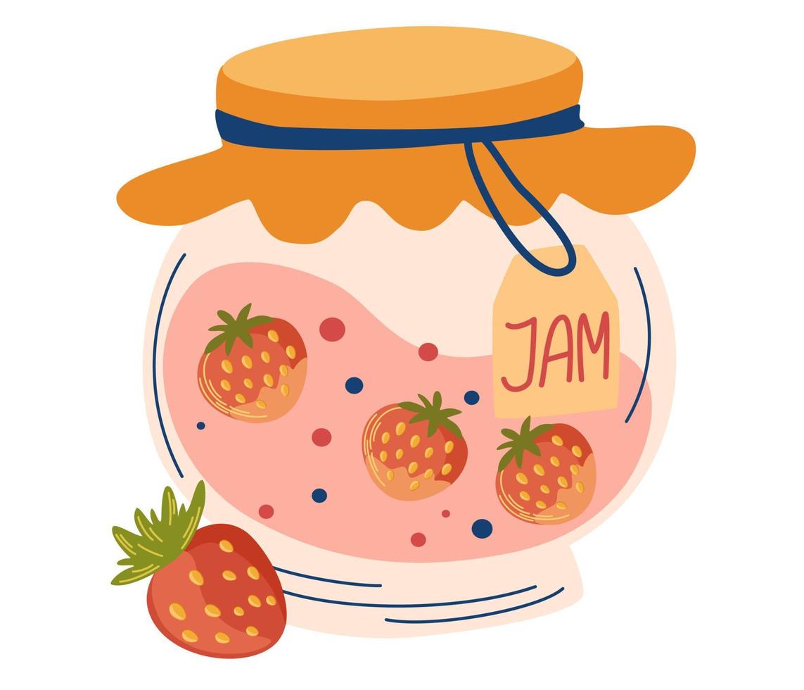 Strawberry jam in glass jar. Healthy Sugar Replacement. Doodle of home cooking.  Homemade berry jelly cartoon icon. Perfect for decor, sticker, design, card, print. Vector flat illustrations.