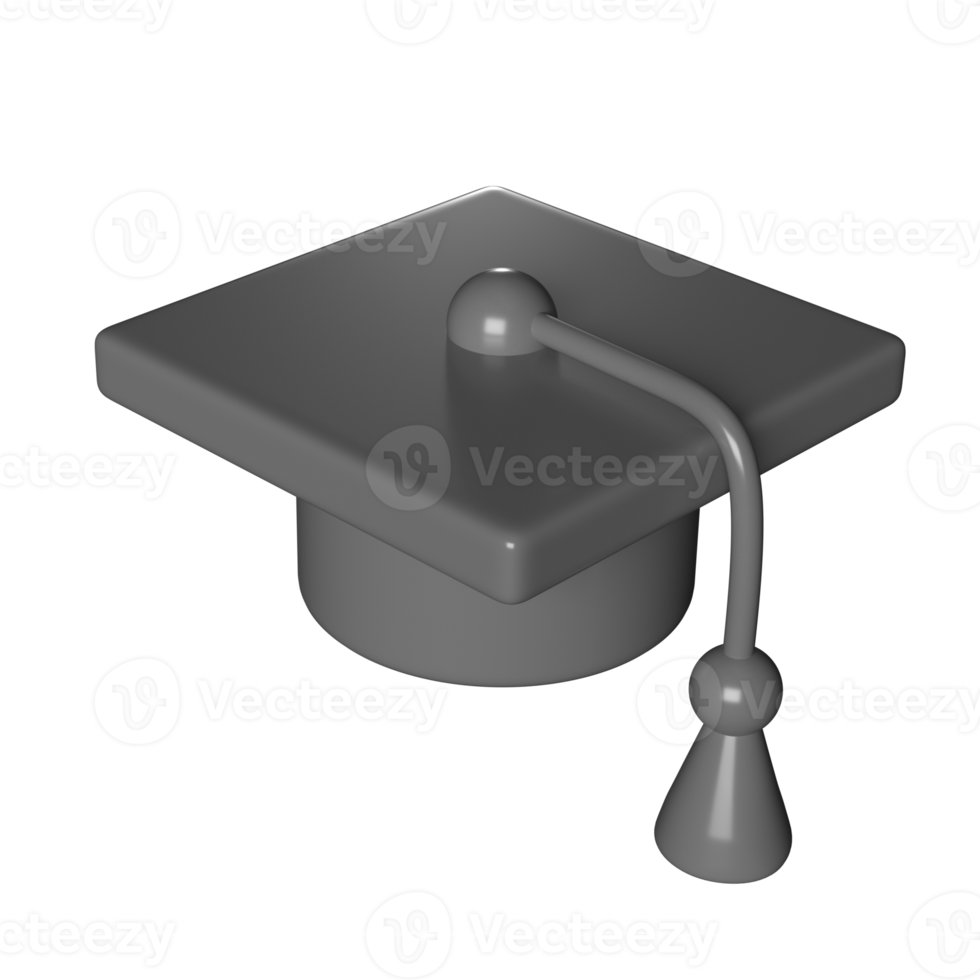 3d icoon schattig diploma uitreiking Universiteit of college zwart kap. afstuderen middelbare school, hoog school, academisch of Universiteit kap. hoed voor mate ceremonie. illustratie geïsoleerd transparant PNG achtergrond