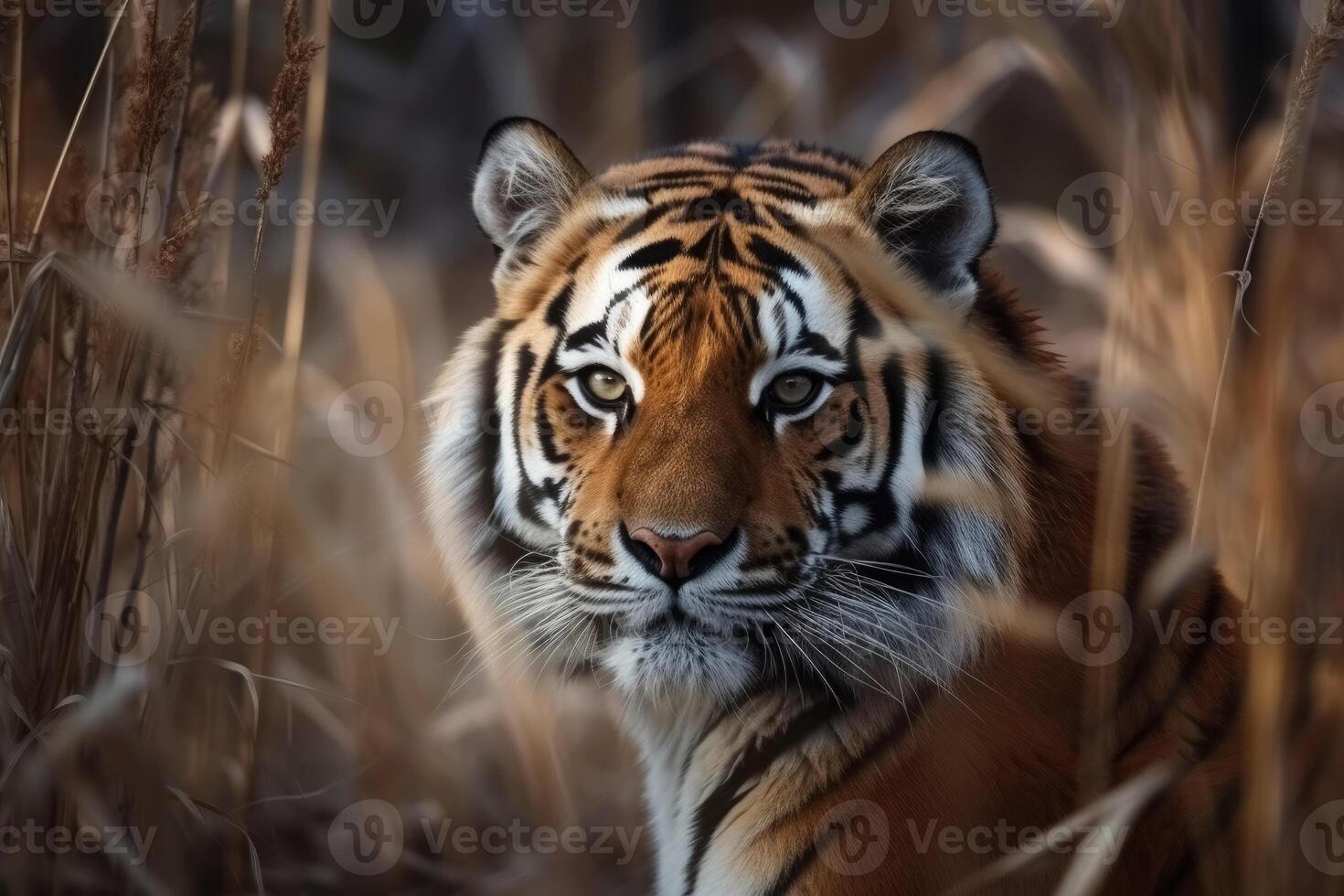 A strong tiger in the high grass at a river created with technology. photo