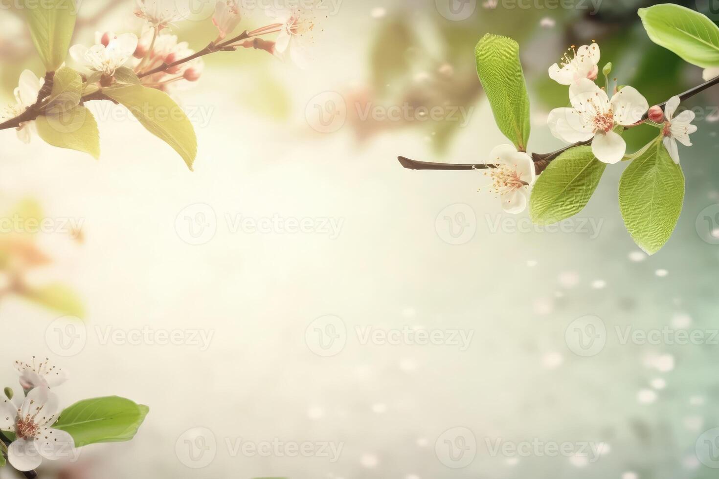 A beautiful spring background with leaves and little flowers on a light background created with technology. photo