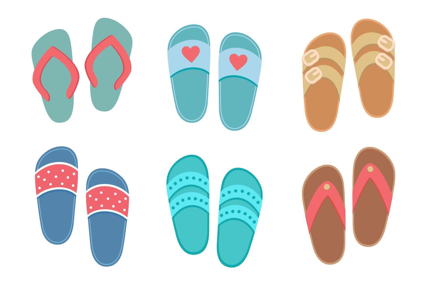 Flip flops set, collection of cute colorful female shoes for summer design. Vector cartoon illustration isolated on white. Flat design.