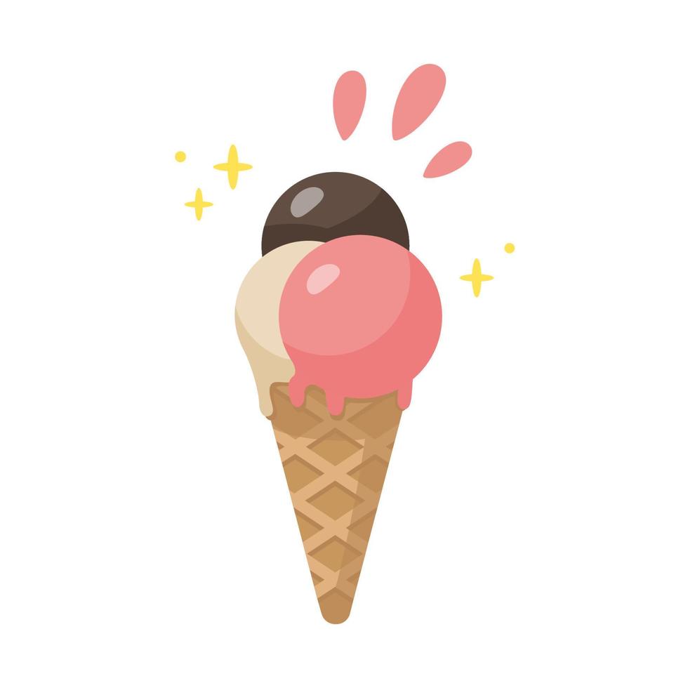 Ice cream in a waffle cone vector illustration. Strawberry, chocolate, vanilla Ice cream isolated on white background. Cartoon illustration.