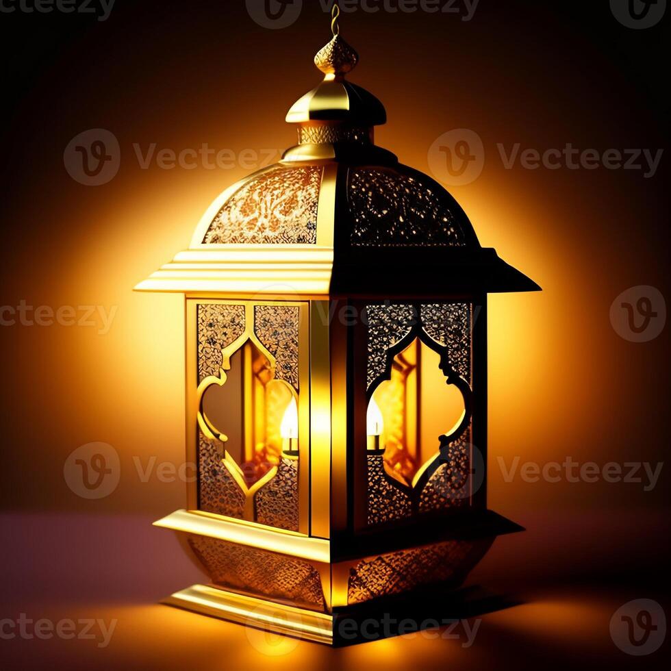 Golden crescent and lantern on Ramadan greeting card. AI photo