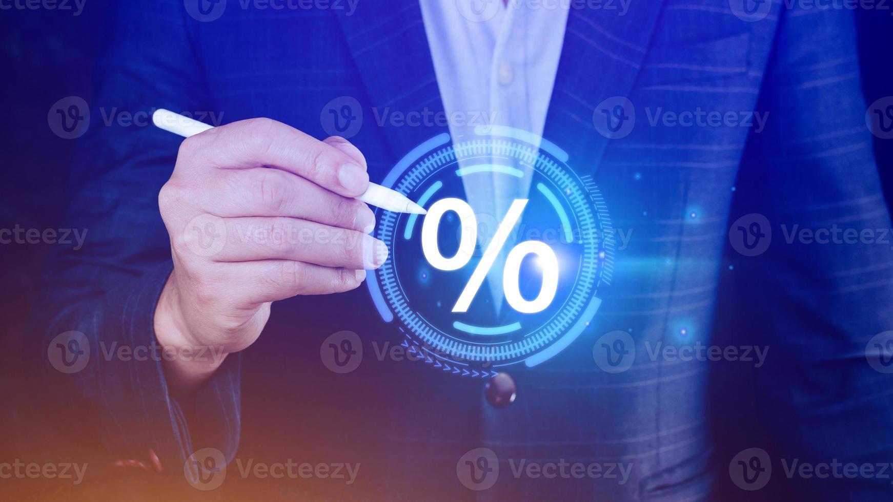 Businessman touching with percentage icon, monetary growth, interest rate increase, inflation concept, Interest rate financial and mortgage rates concept. photo
