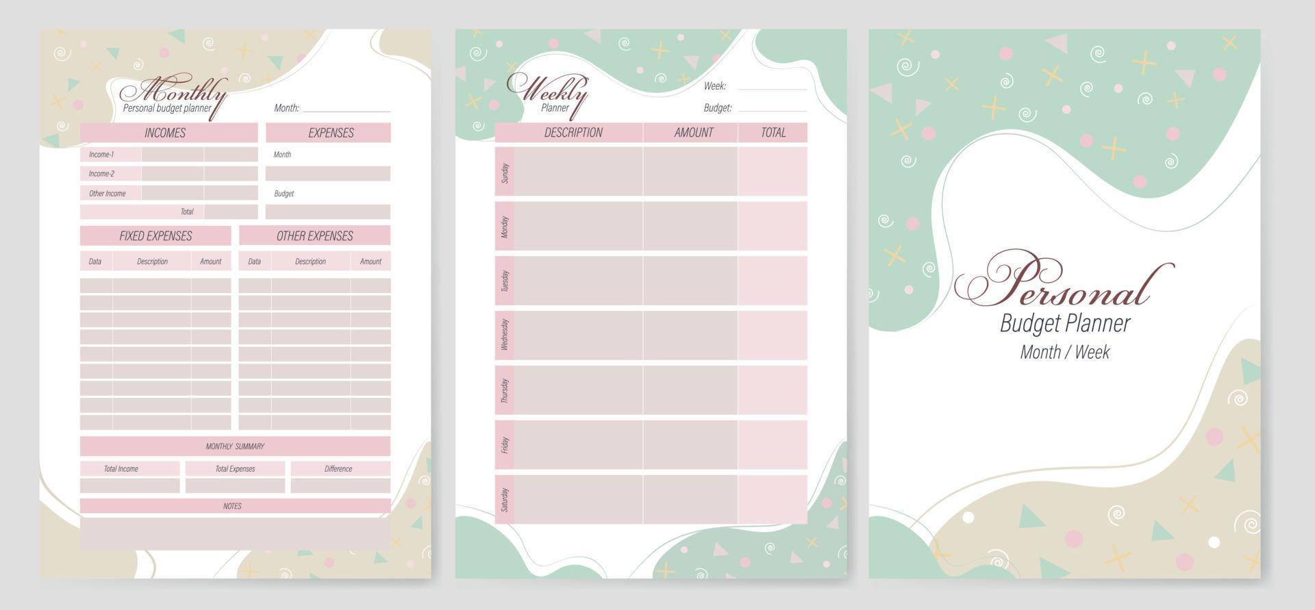 Set personal weekly and monthly budget planner templates. Notebook pages in pastel colors with a simple pattern. vector