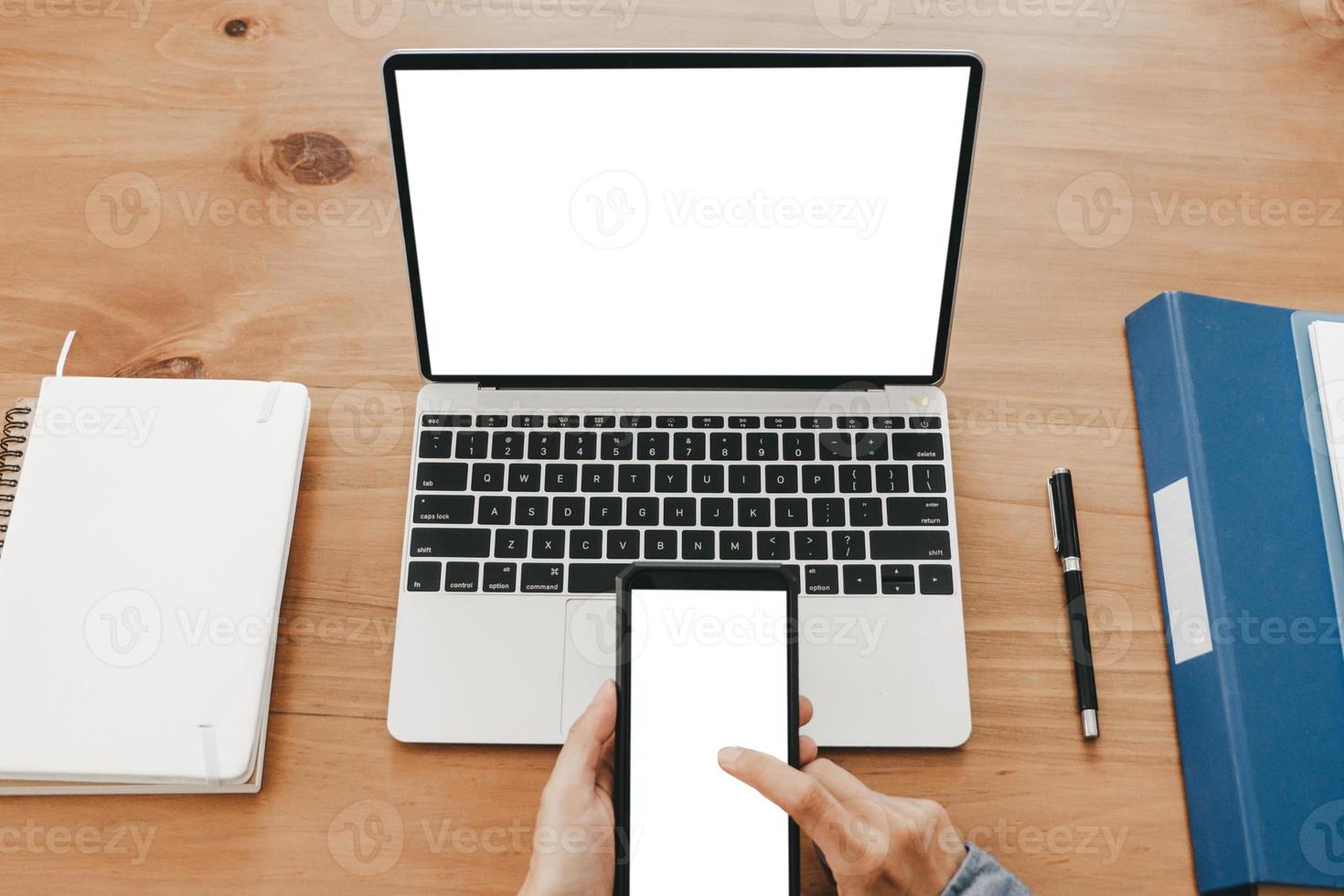 Mockup image of close up business woman working with smartphone laptop and documents in office, mockup concept photo