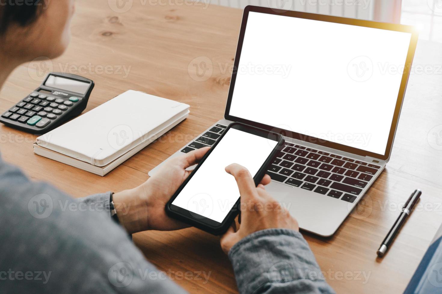 Mockup image of close up business woman working with smartphone laptop and documents in office, mockup concept photo